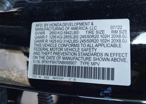 2022 Honda Pilot Awd Black Edition из США, поврежденный, VIN 5FNYF6H75NB068907